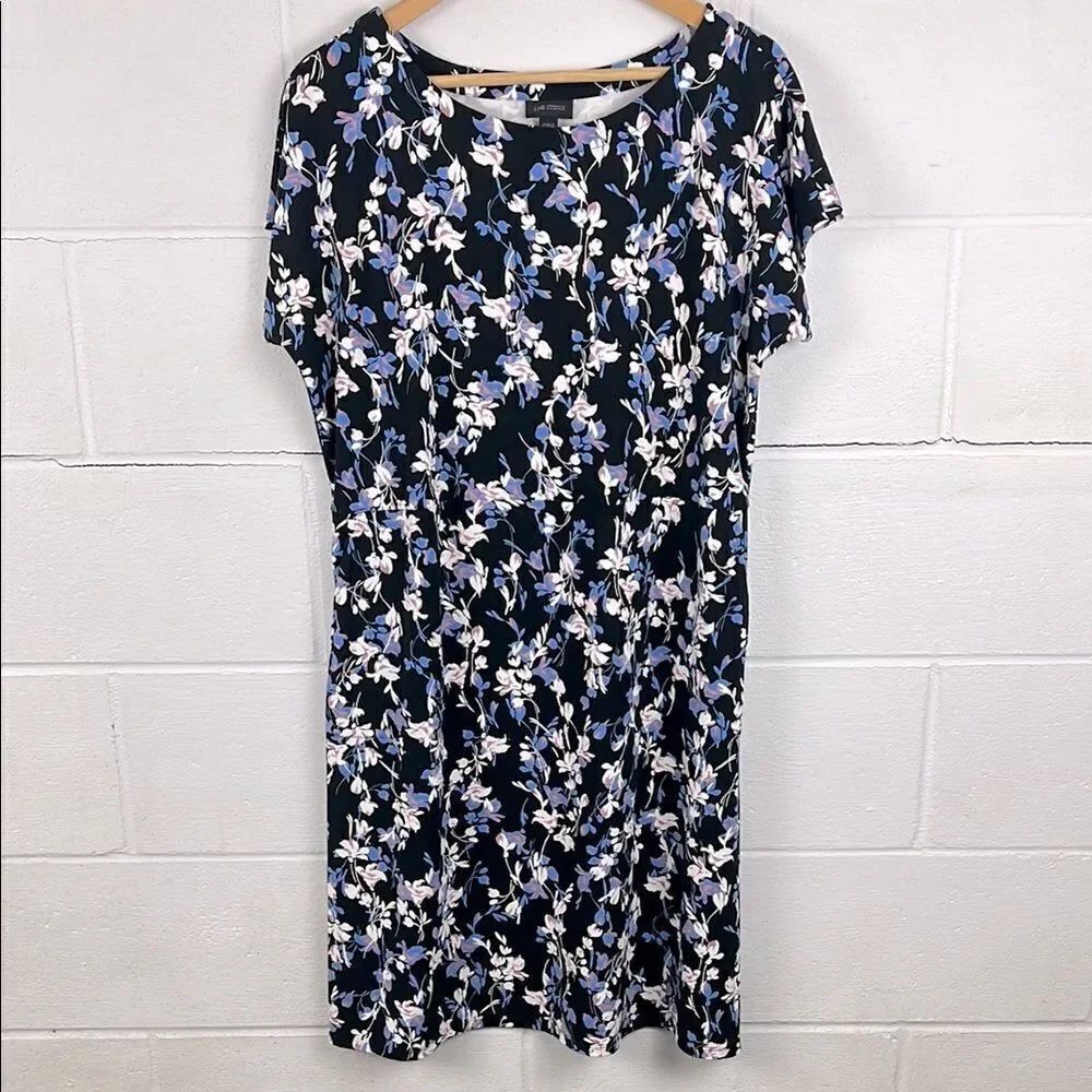 J.Jill women’s wearever collection black floral knee length short sleeve dress